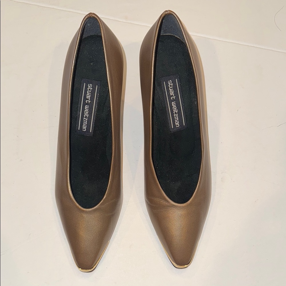 Amazing Stuart Weitzman Metallic Bronze Color with Gold Trim Hardware